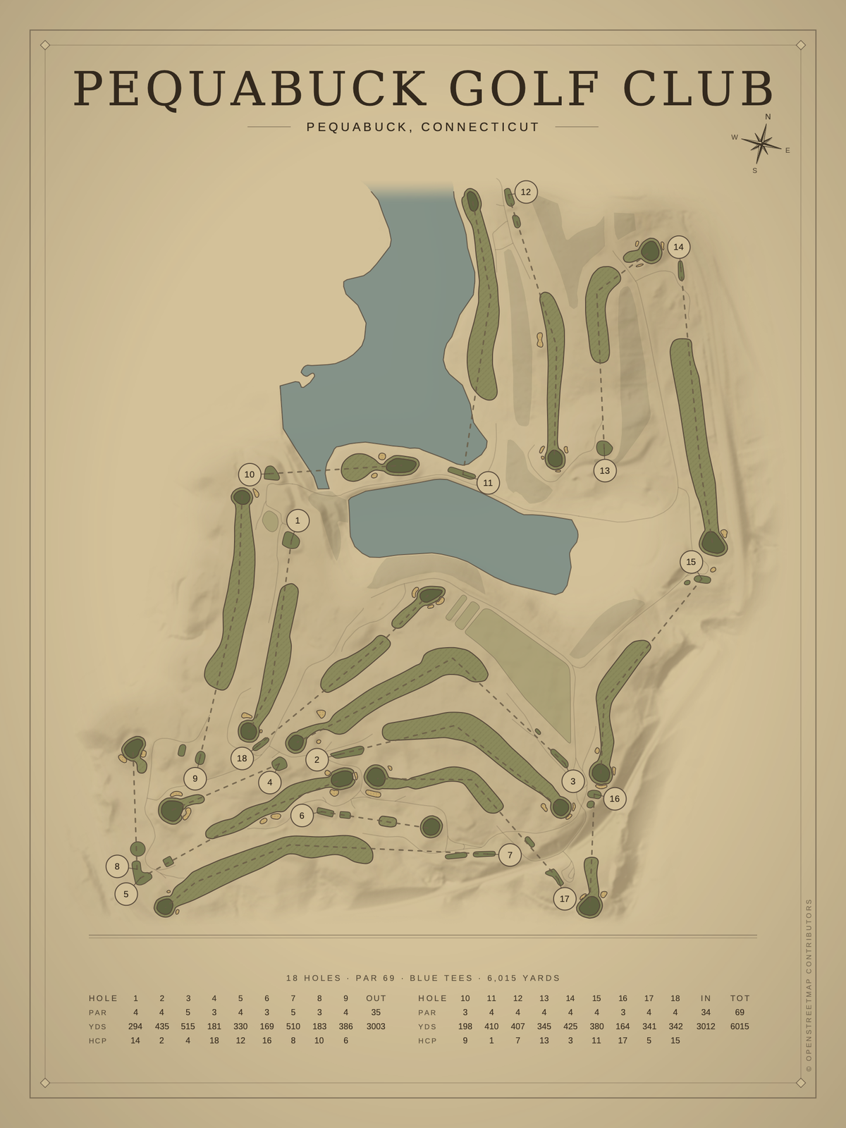 Pequabuck Golf Club course map poster, Vintage style, 12×16 / 18×24