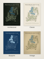 Pequabuck Golf Club course map poster in four styles: Architectural, Classic, Blueprint and Vintage