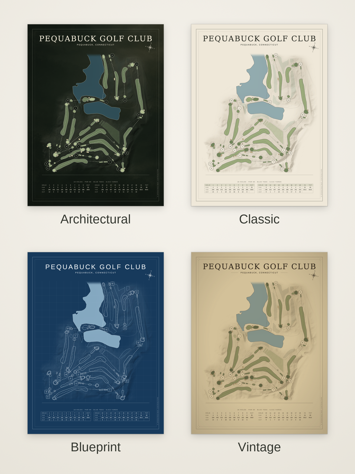 Pequabuck Golf Club course map poster in four styles: Architectural, Classic, Blueprint and Vintage