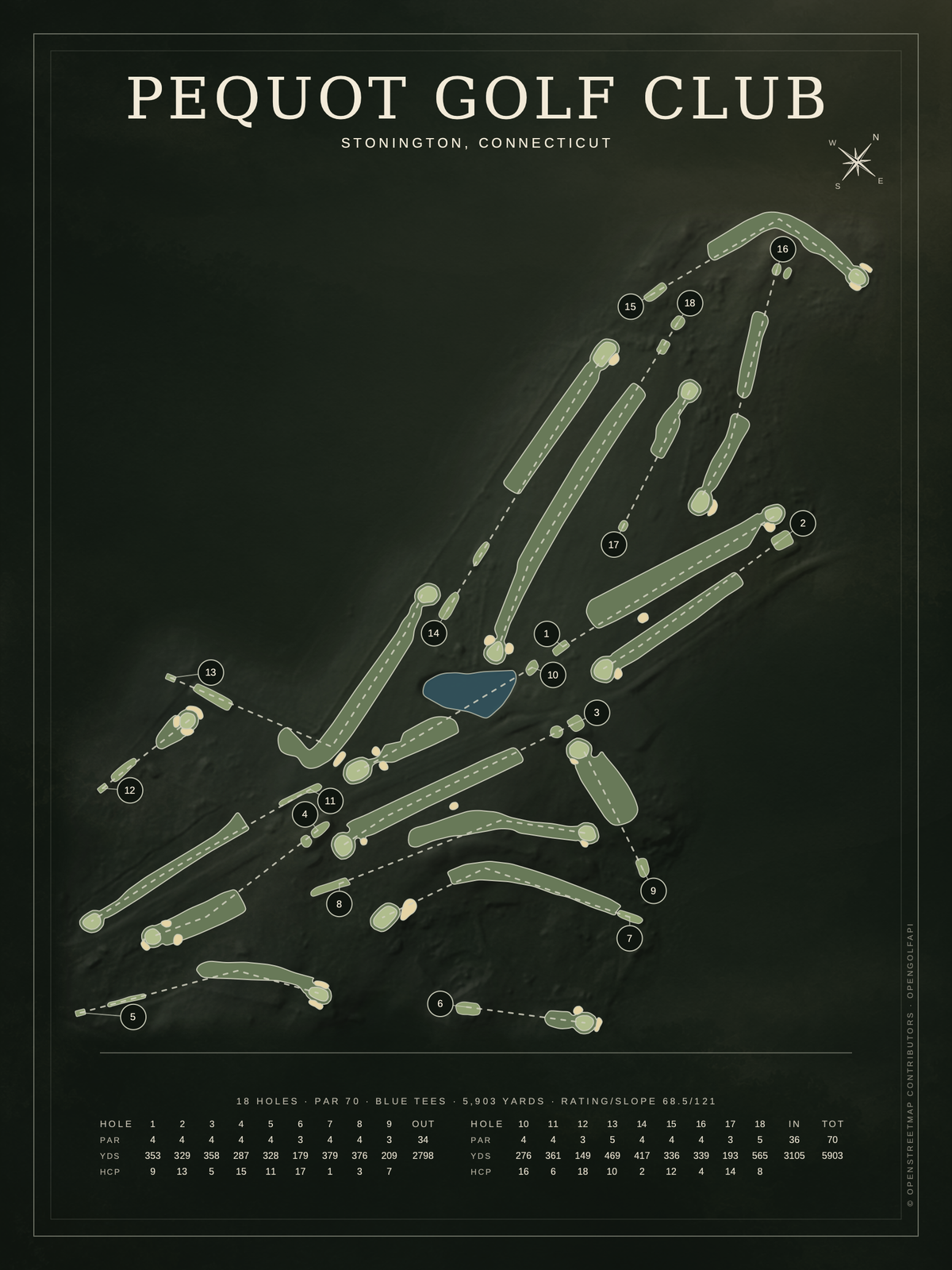 Pequot Golf Club course map poster, Architectural style, 12×16 / 18×24