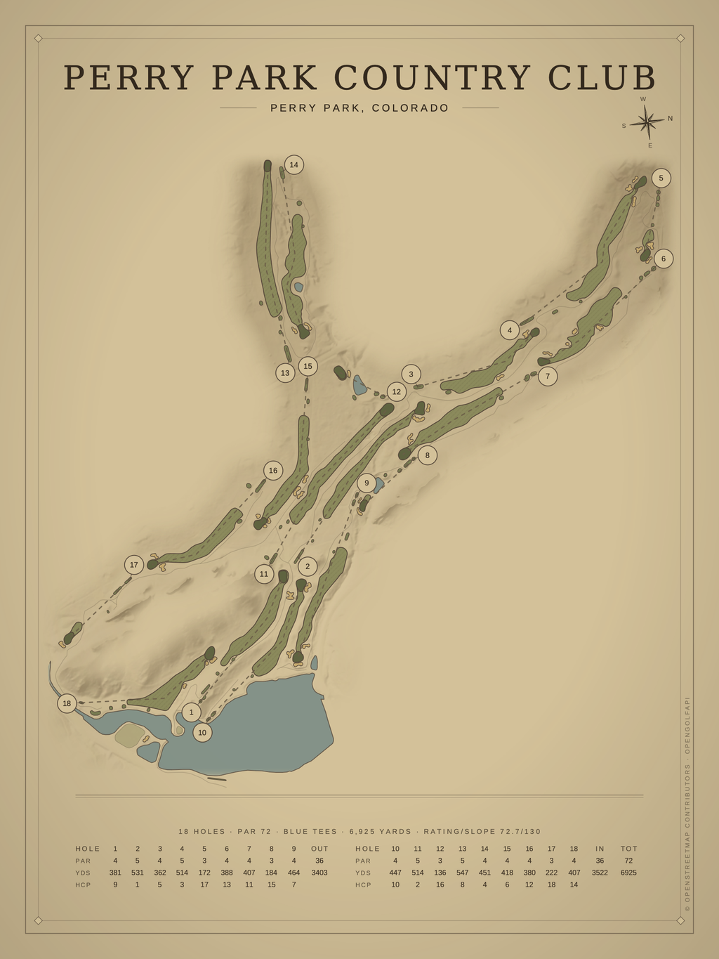 Perry Park Country Club course map poster, Vintage style, 12×16 / 18×24