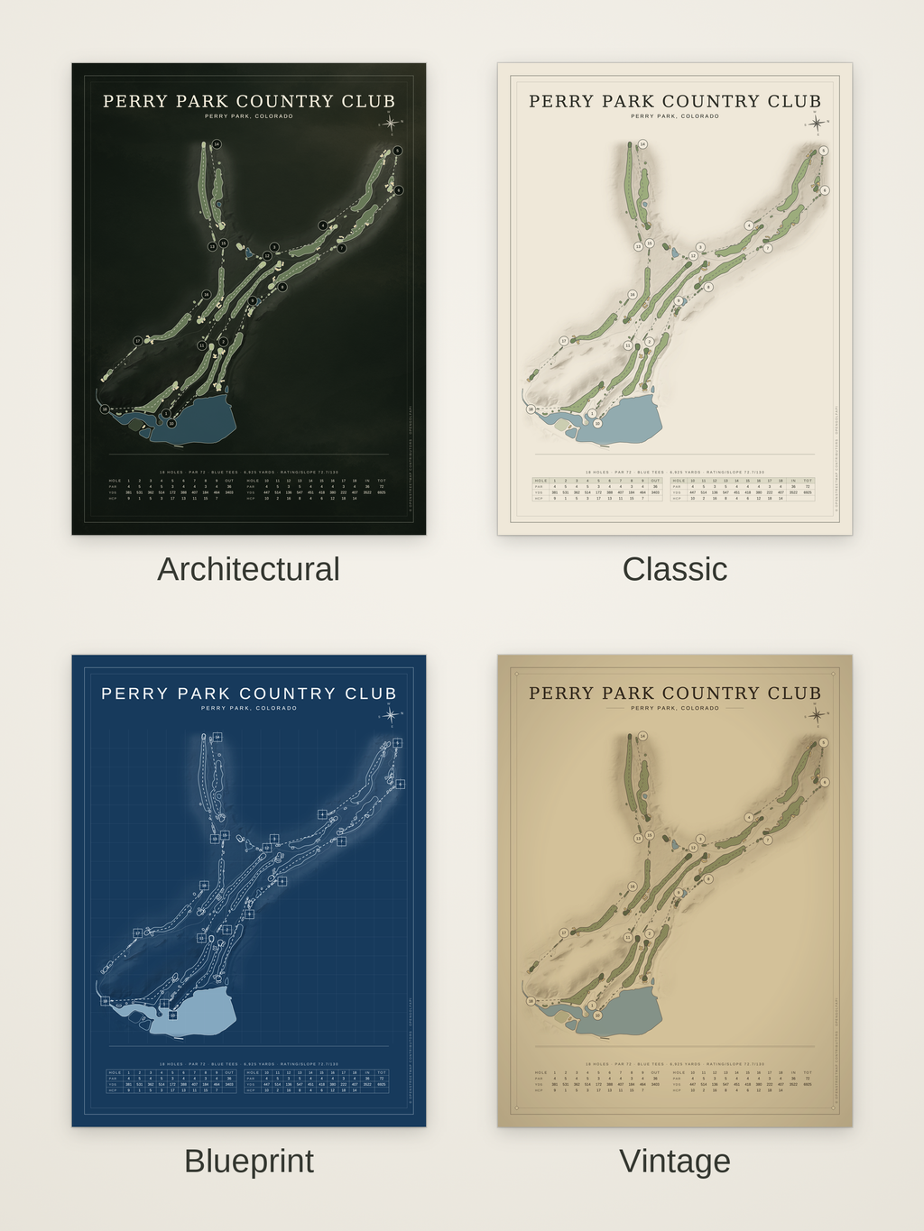 Perry Park Country Club course map poster in four styles: Architectural, Classic, Blueprint and Vintage