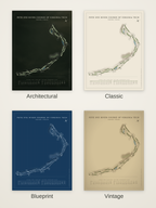 Pete Dye River Course of Virginia Tech course map poster in four styles: Architectural, Classic, Blueprint and Vintage