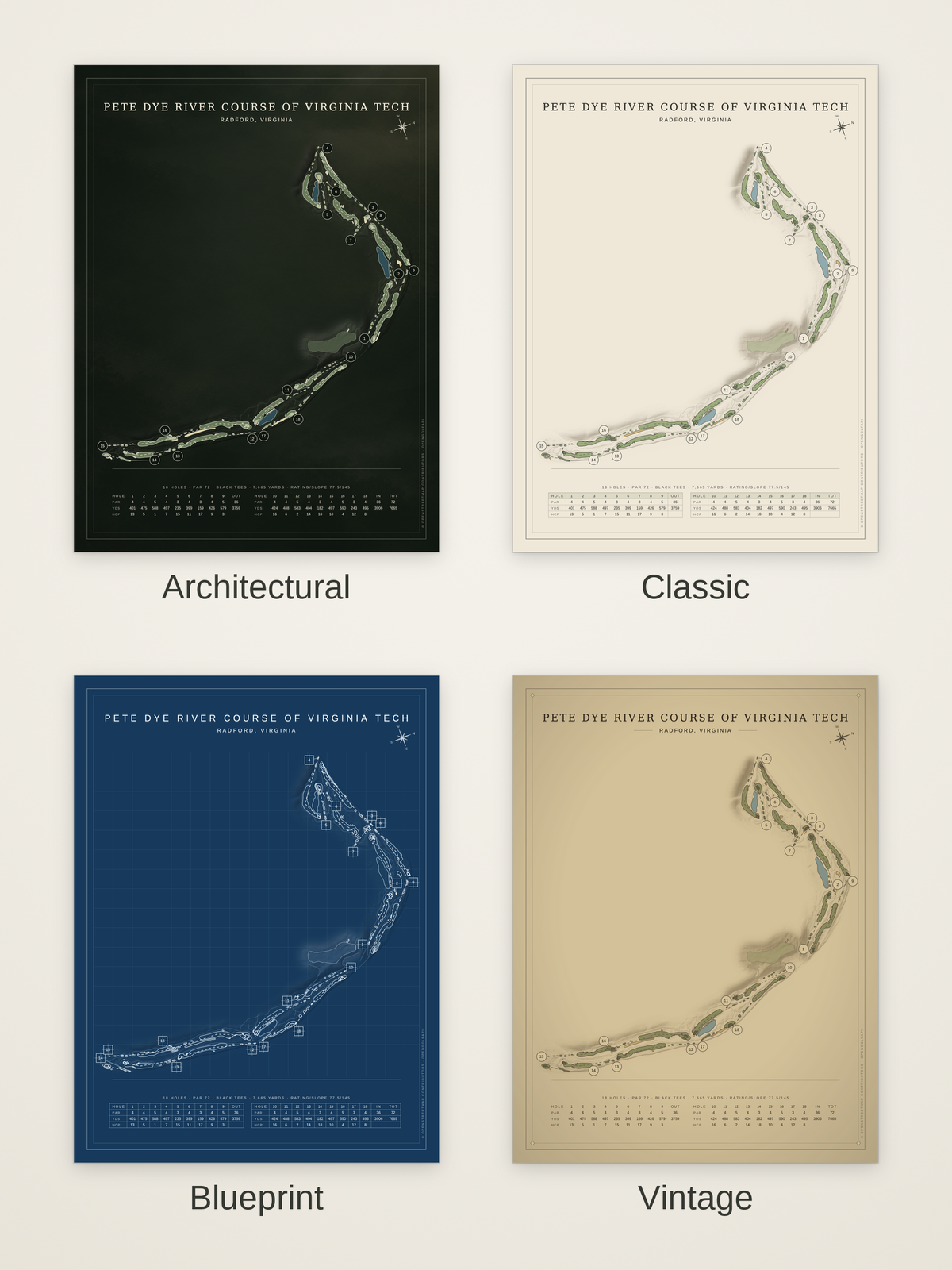 Pete Dye River Course of Virginia Tech course map poster in four styles: Architectural, Classic, Blueprint and Vintage
