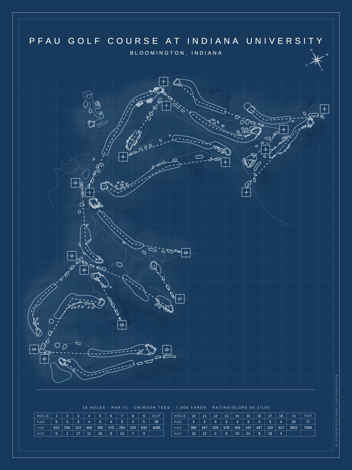 Pfau Golf Course at Indiana University course map poster, Blueprint style, 12×16 / 18×24