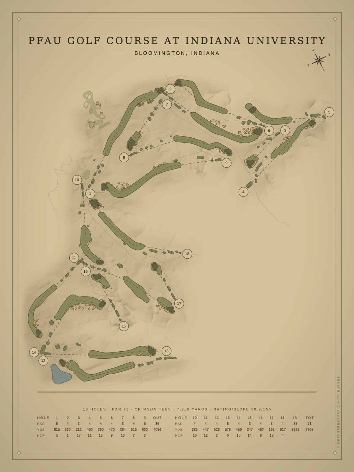 Pfau Golf Course at Indiana University course map poster, Vintage style, 12×16 / 18×24