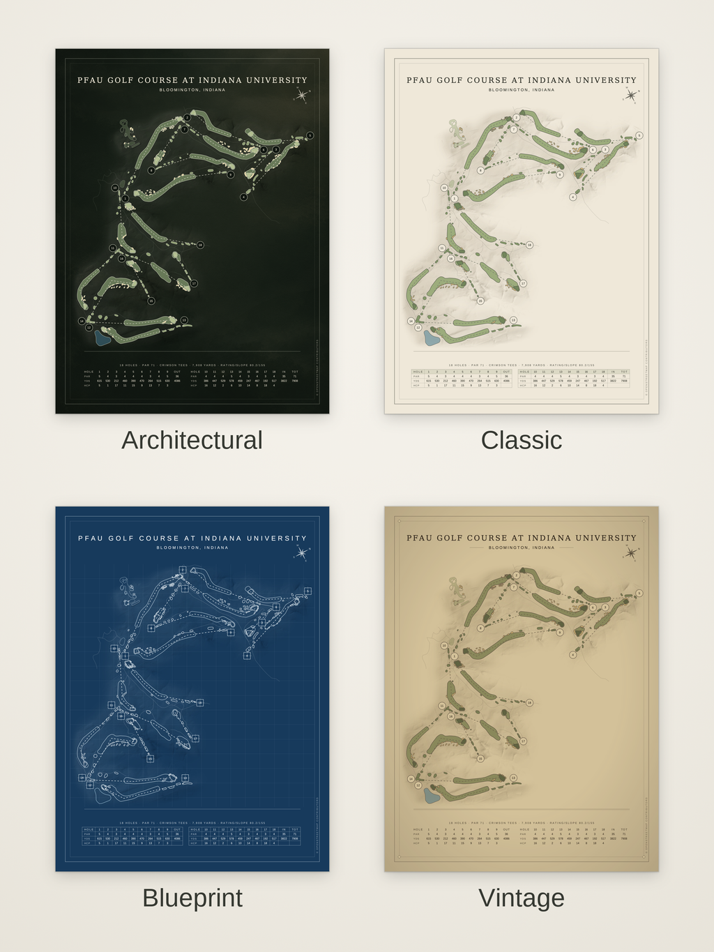 Pfau Golf Course at Indiana University course map poster in four styles: Architectural, Classic, Blueprint and Vintage