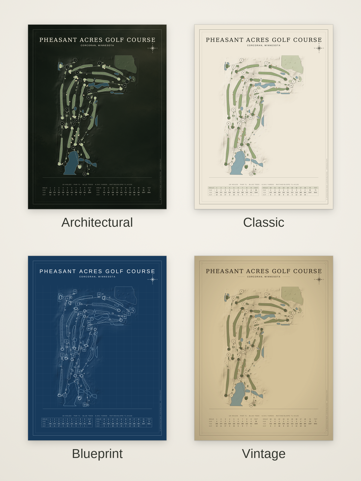 Pheasant Acres Golf Course map poster in four styles: Architectural, Classic, Blueprint and Vintage
