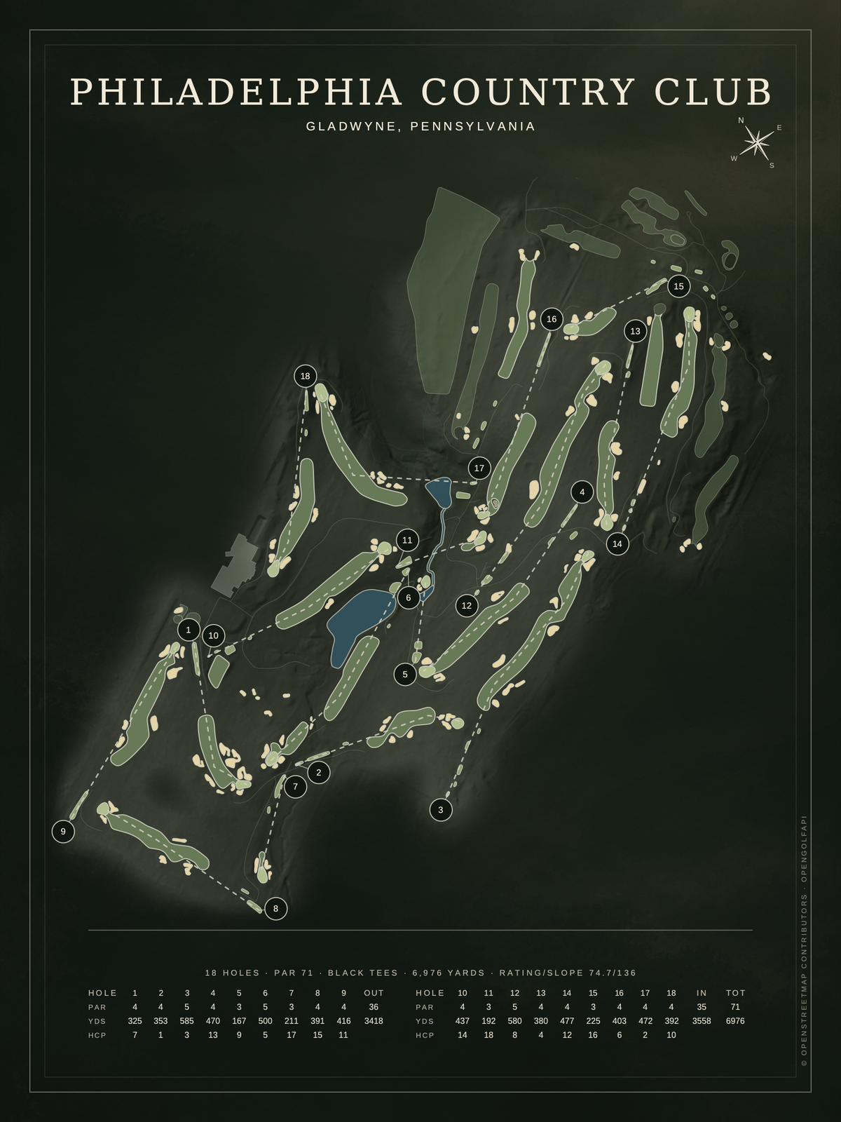 Philadelphia Country Club course map poster, Architectural style, 12×16 / 18×24