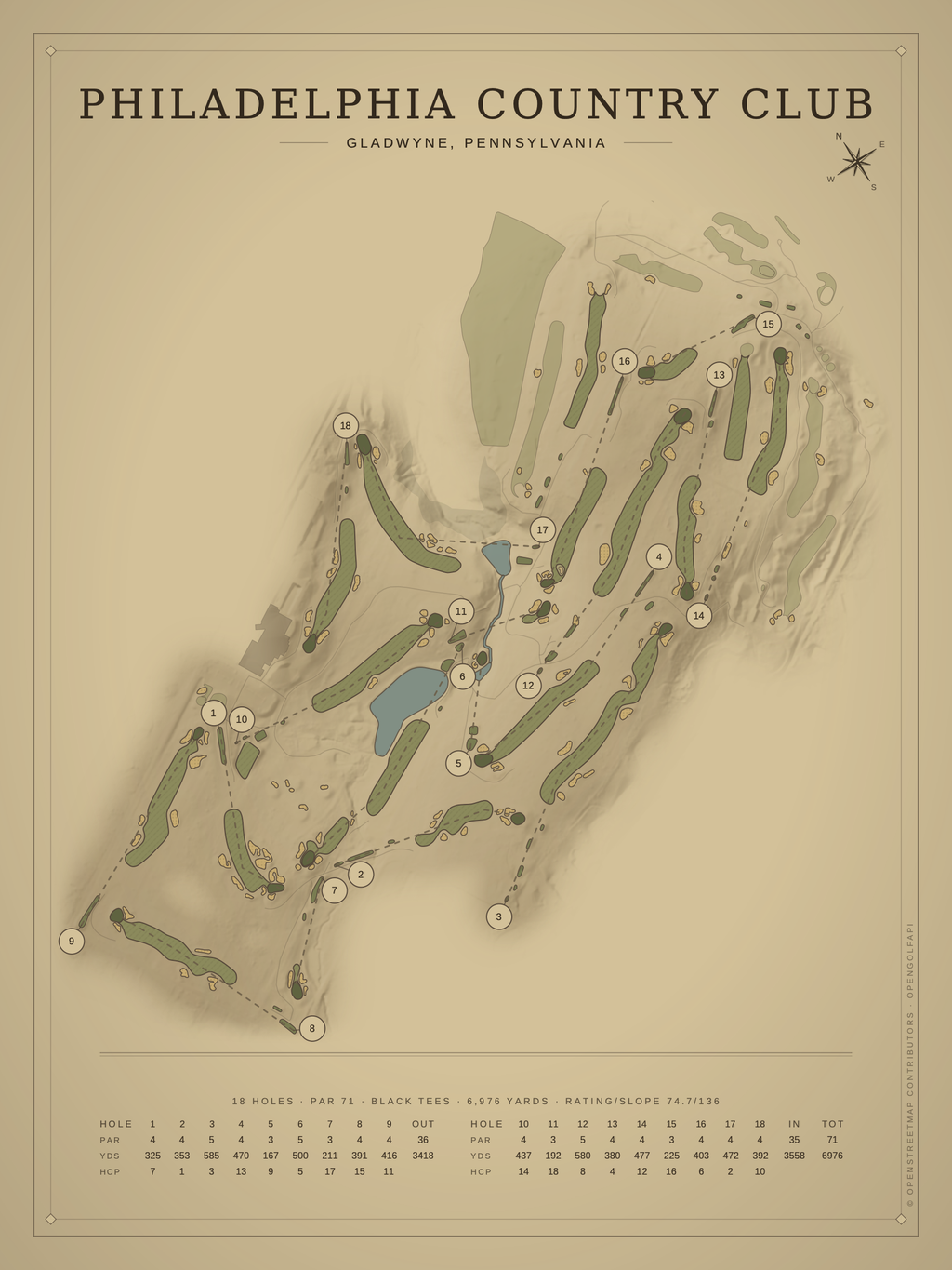Philadelphia Country Club course map poster, Vintage style, 12×16 / 18×24