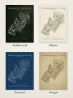 Philadelphia Country Club course map poster in four styles: Architectural, Classic, Blueprint and Vintage