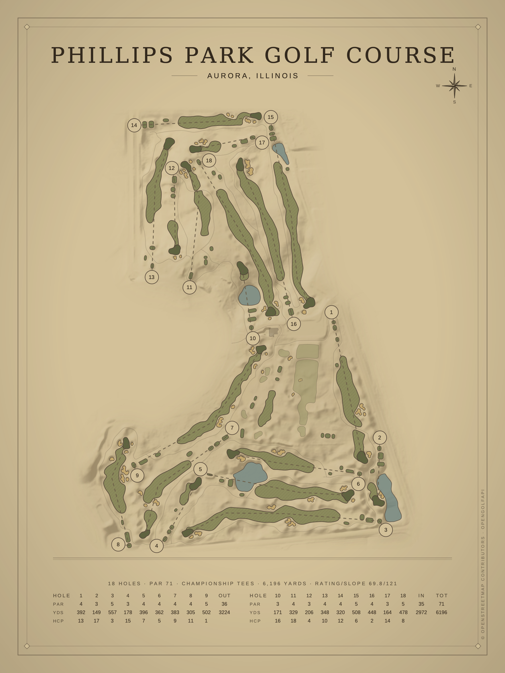Phillips Park Golf Course map poster, Vintage style, 12×16 / 18×24
