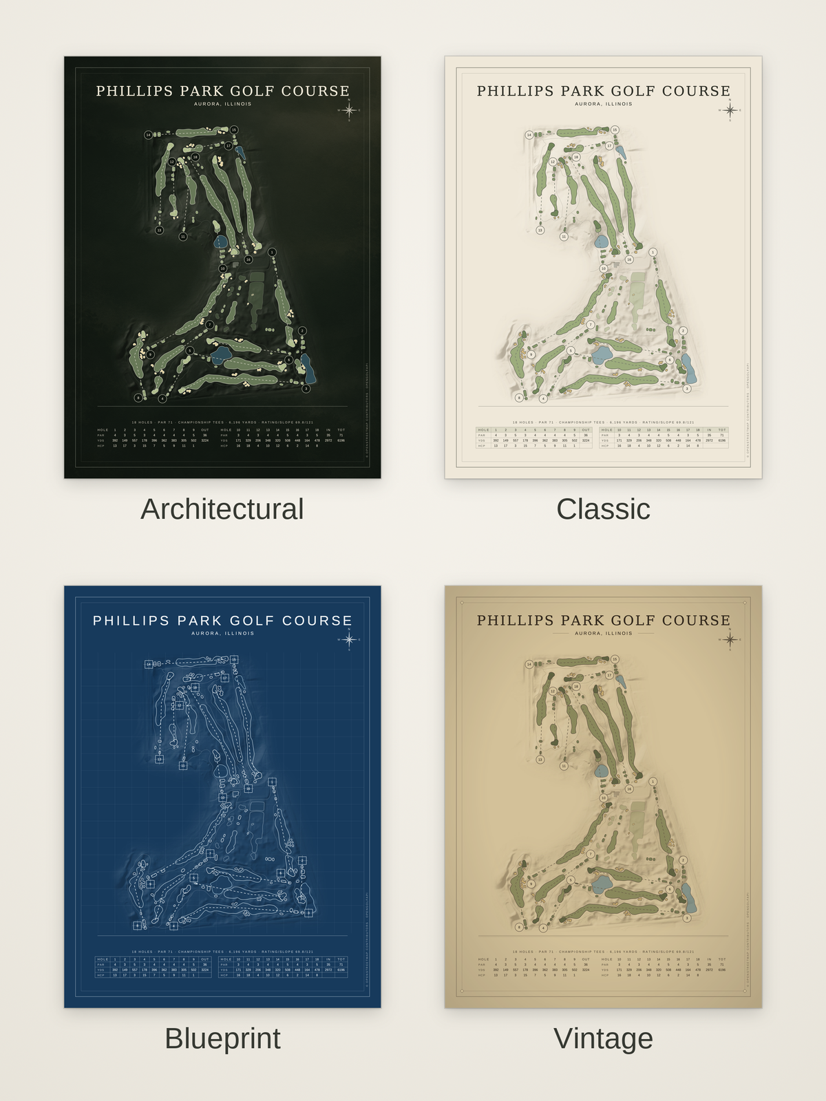 Phillips Park Golf Course map poster in four styles: Architectural, Classic, Blueprint and Vintage