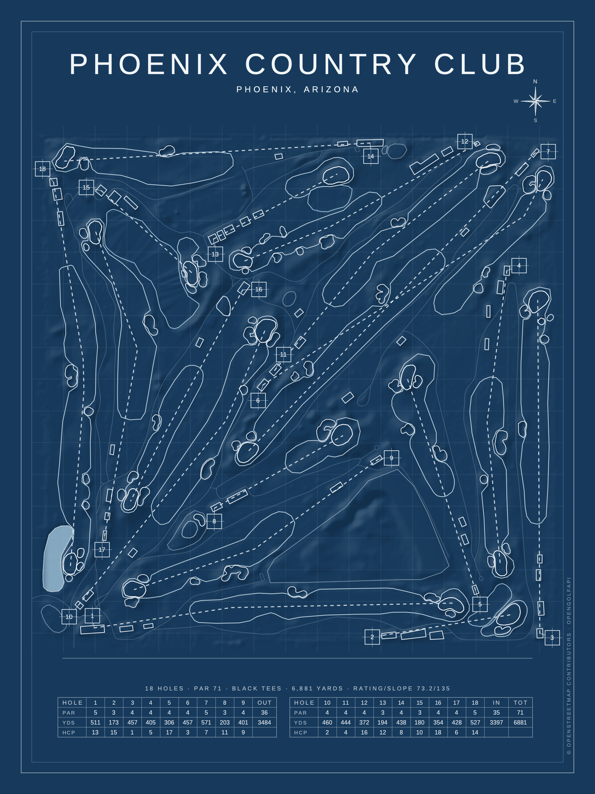 Phoenix Country Club course map poster, Blueprint style, 12×16 / 18×24