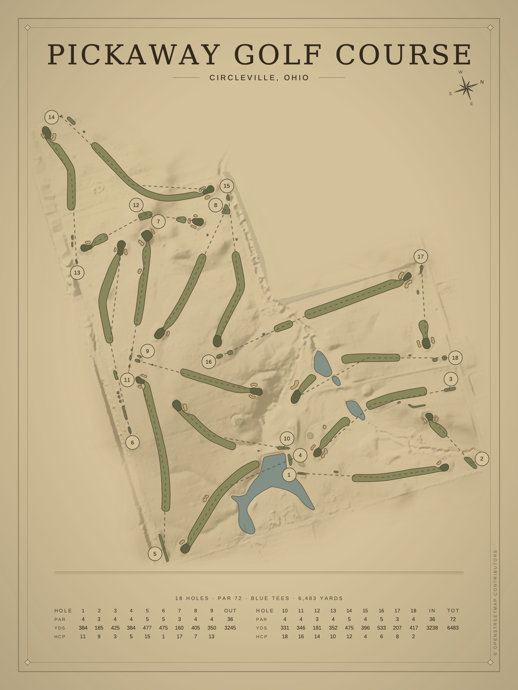 Pickaway Golf Course map poster, Vintage style, 12×16 / 18×24