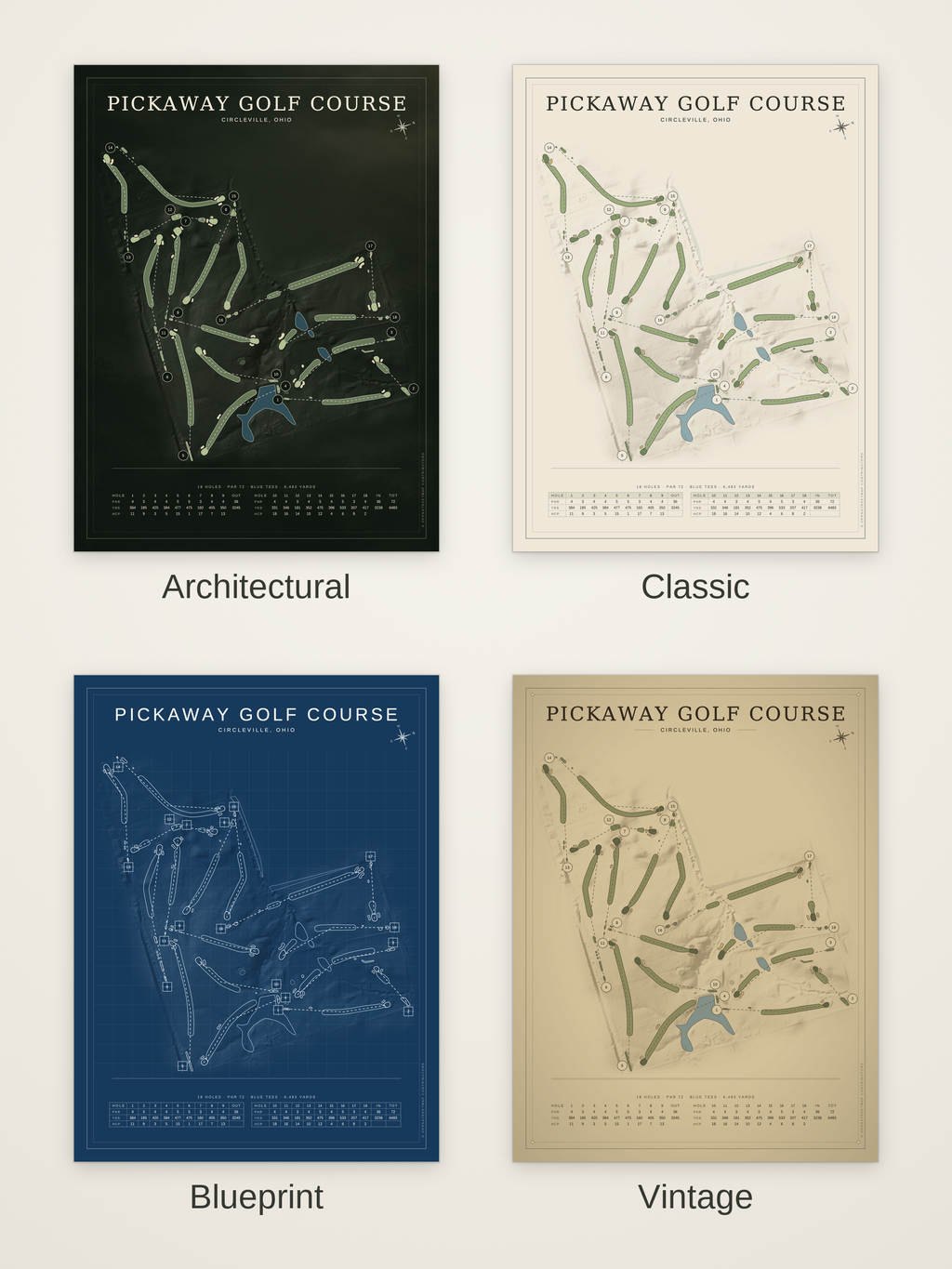 Pickaway Golf Course map poster in four styles: Architectural, Classic, Blueprint and Vintage