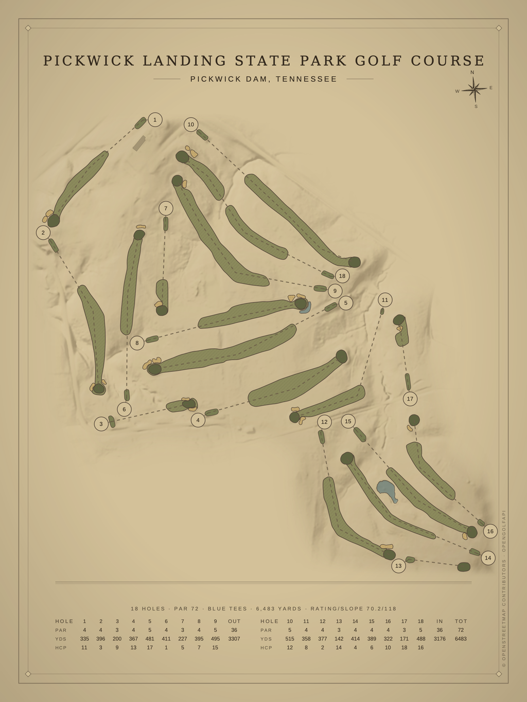Pickwick Landing State Park Golf Course map poster, Vintage style, 12×16 / 18×24
