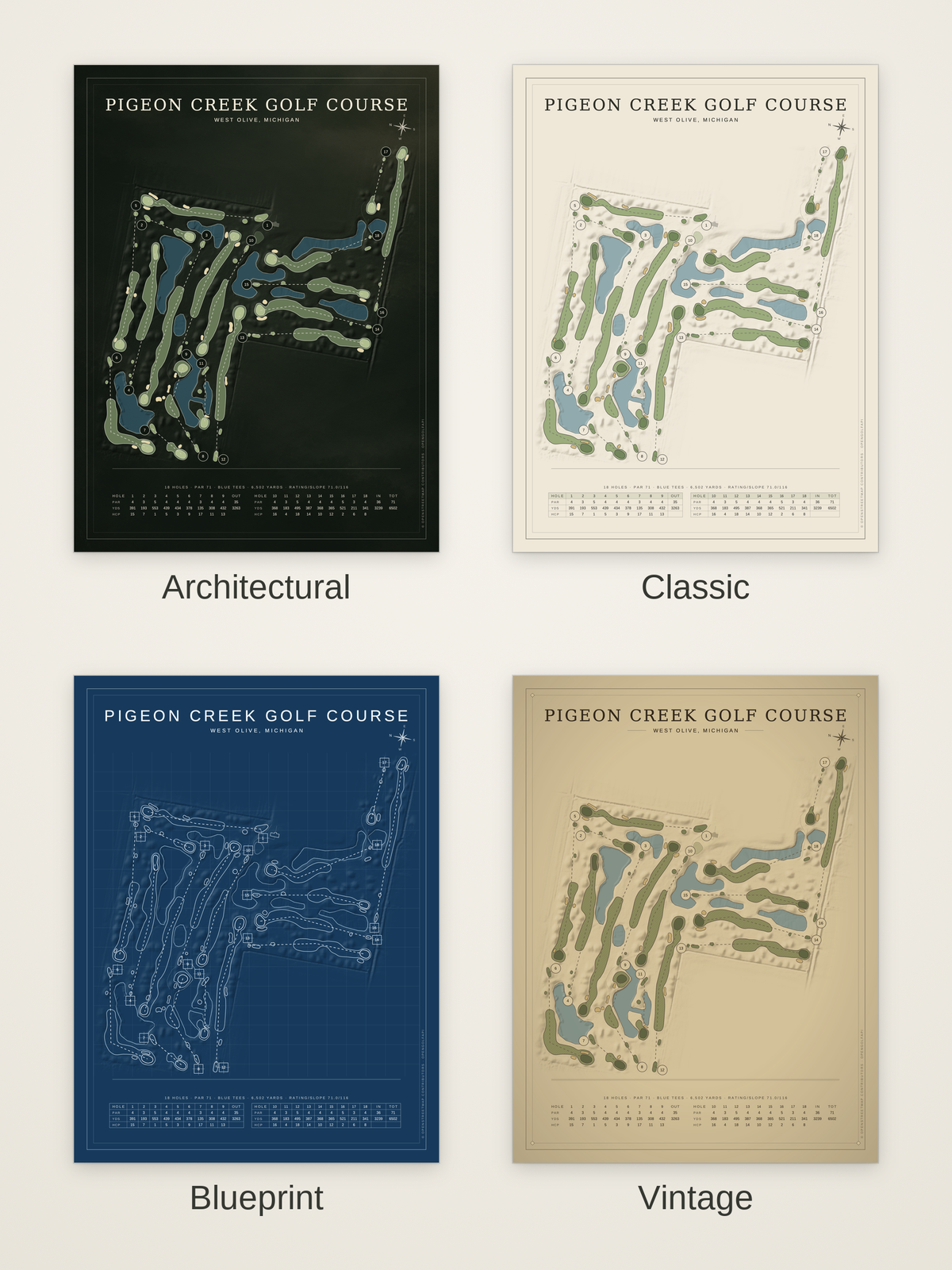 Pigeon Creek Golf Course map poster in four styles: Architectural, Classic, Blueprint and Vintage