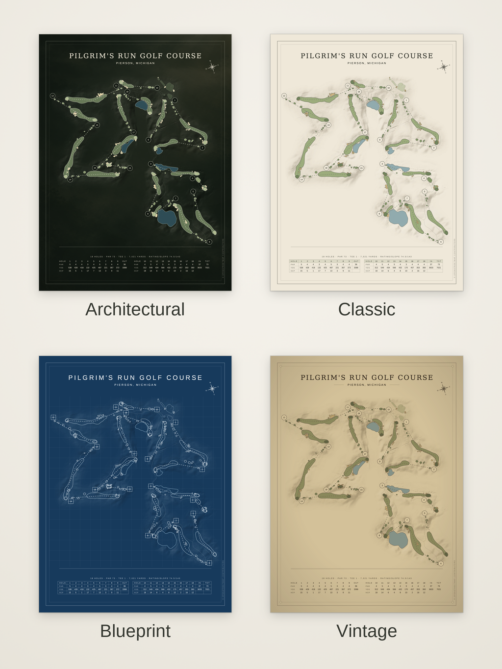 Pilgrim's Run Golf Course map poster in four styles: Architectural, Classic, Blueprint and Vintage