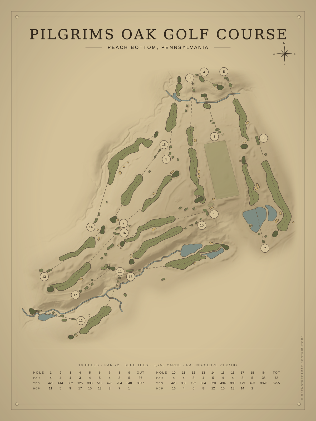 Pilgrims Oak Golf Course map poster, Vintage style, 12×16 / 18×24