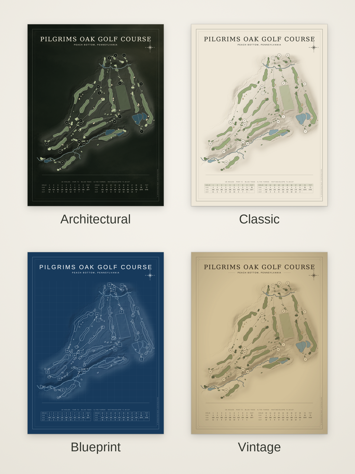 Pilgrims Oak Golf Course map poster in four styles: Architectural, Classic, Blueprint and Vintage