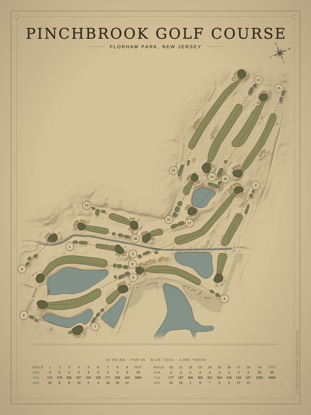 Pinchbrook Golf Course map poster, Vintage style, 12×16 / 18×24