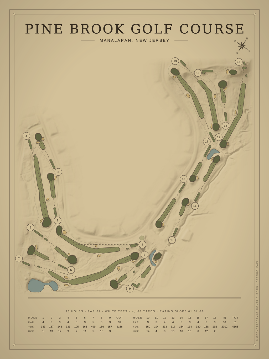 Pine Brook Golf Course map poster, Vintage style, 12×16 / 18×24