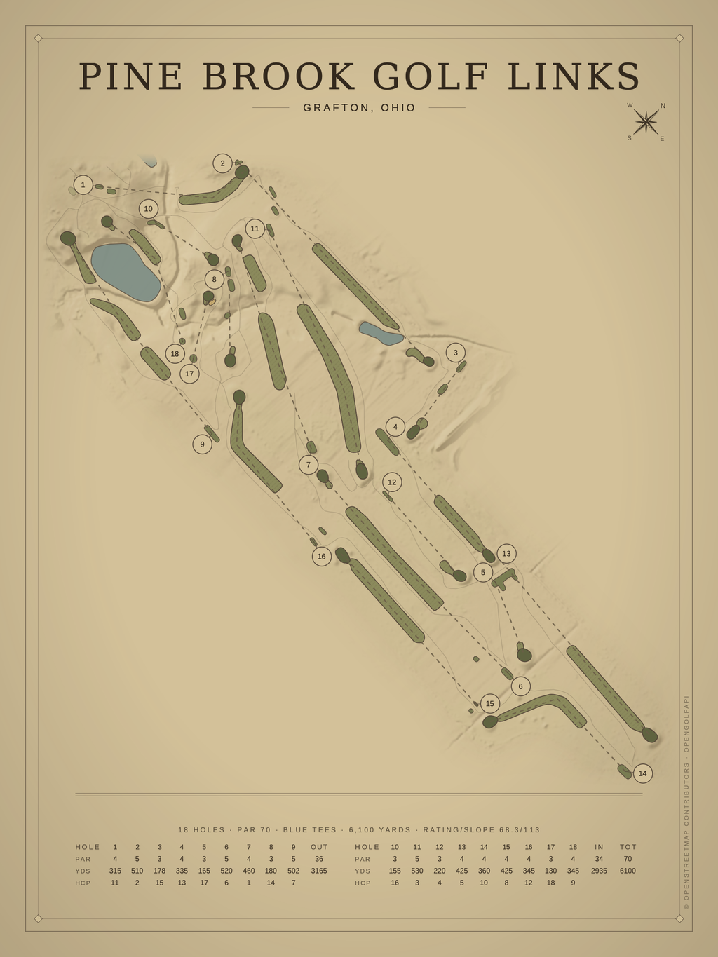 Pine Brook Golf Links course map poster, Vintage style, 12×16 / 18×24
