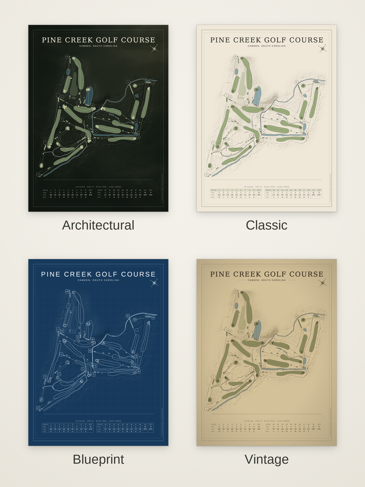 Pine Creek Golf Course map poster in four styles: Architectural, Classic, Blueprint and Vintage