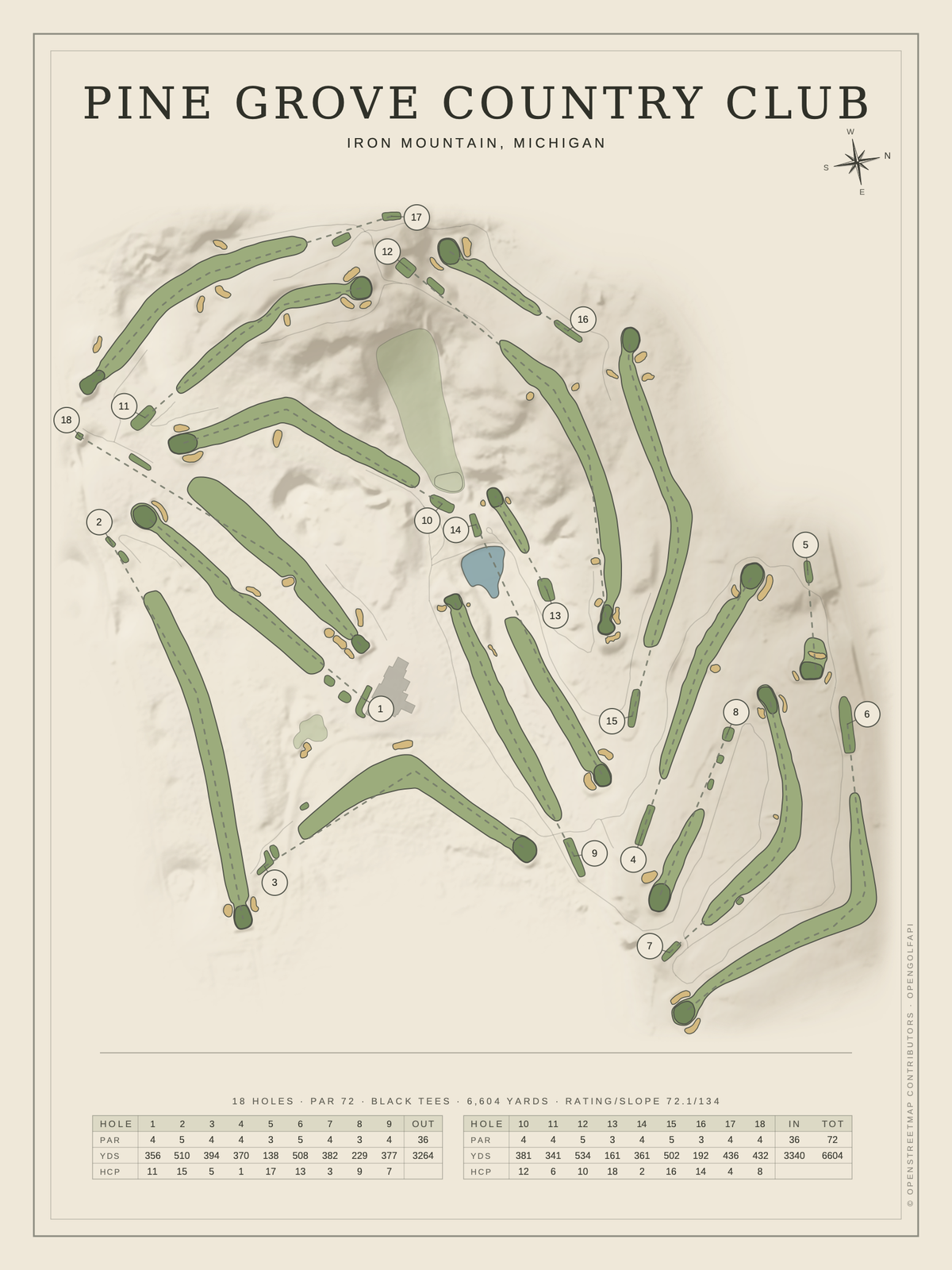 Pine Grove Country Club course map poster, Classic style, 12×16 / 18×24