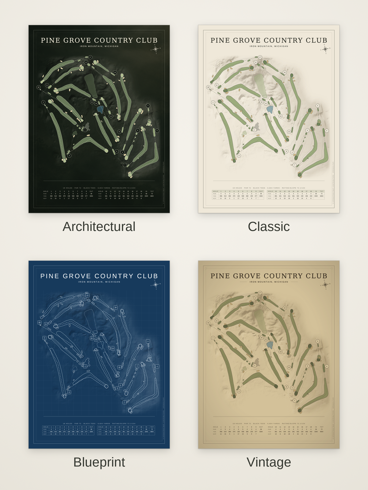 Pine Grove Country Club course map poster in four styles: Architectural, Classic, Blueprint and Vintage