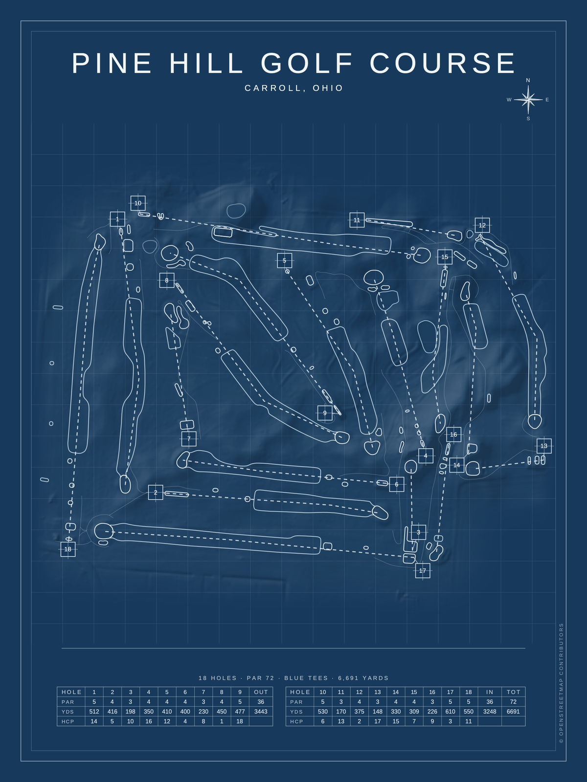 Pine Hill Golf Course map poster, Blueprint style, 12×16 / 18×24