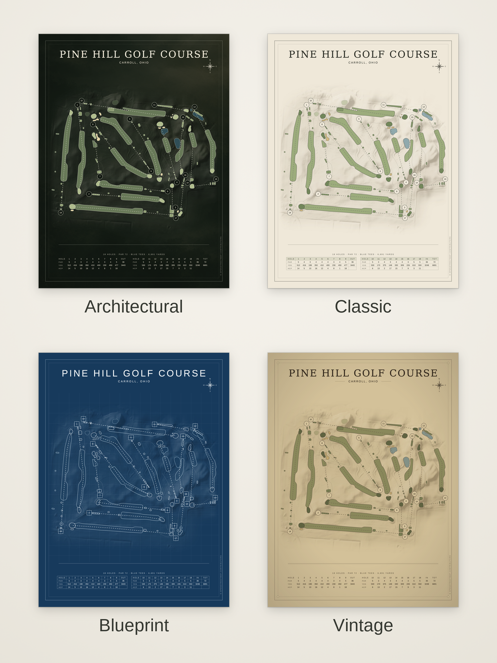Pine Hill Golf Course map poster in four styles: Architectural, Classic, Blueprint and Vintage
