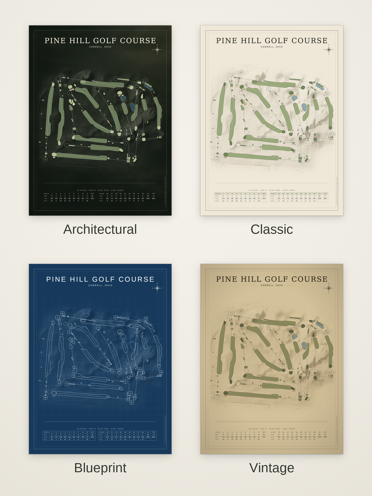 Pine Hill Golf Course map poster in four styles: Architectural, Classic, Blueprint and Vintage