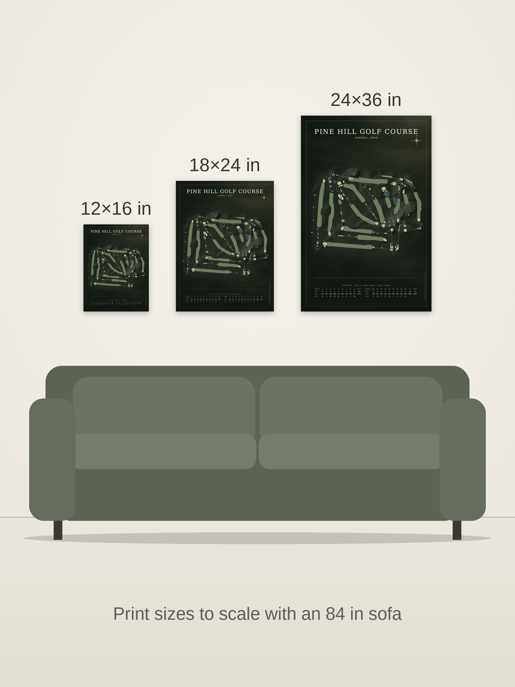 Pine Hill Golf Course map poster in the Architectural style at 12×16, 18×24 and 24×36 inches, shown to scale on a wall above an 84-inch sofa