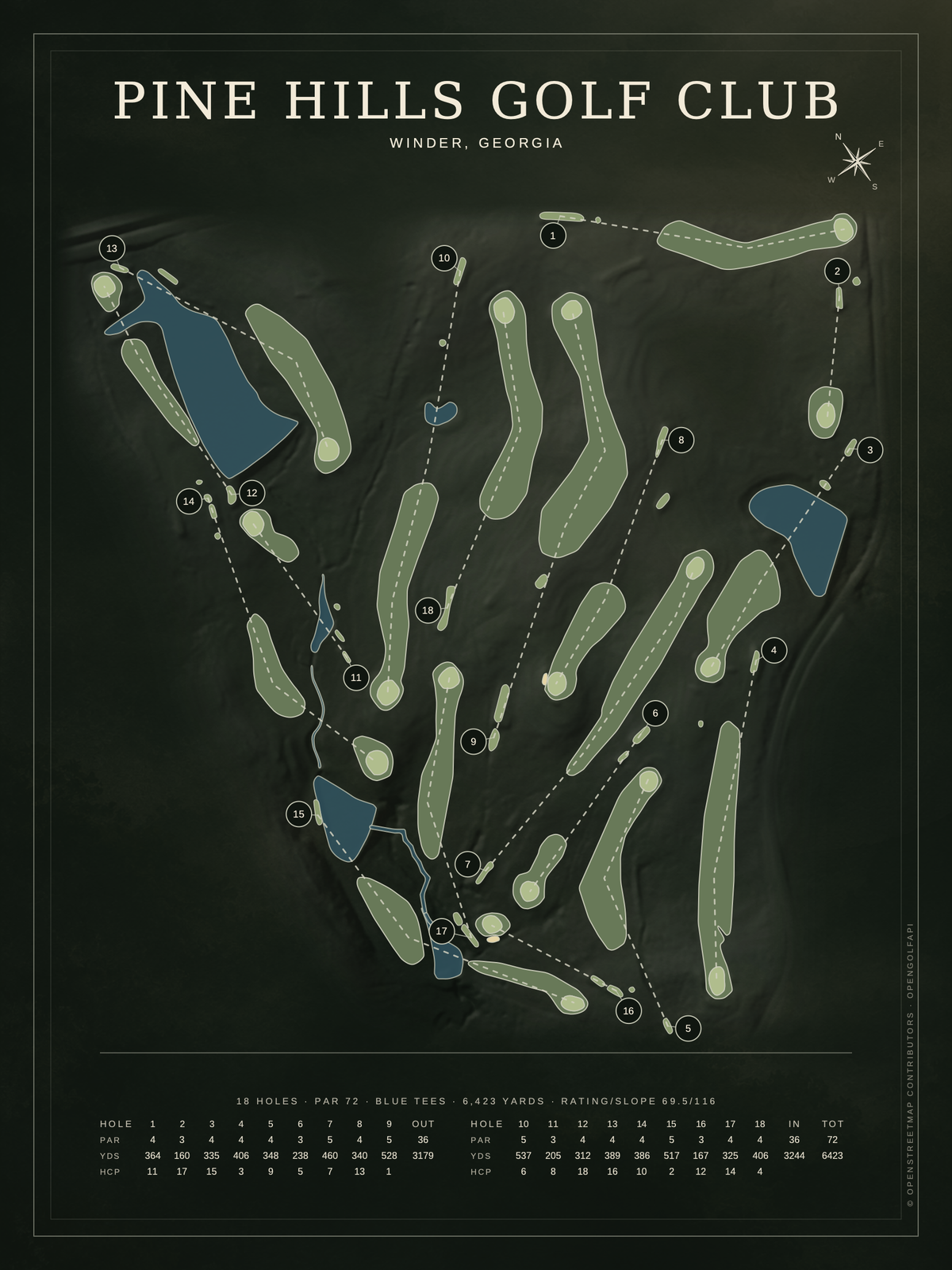 Pine Hills Golf Club course map poster, Architectural style, 12×16 / 18×24