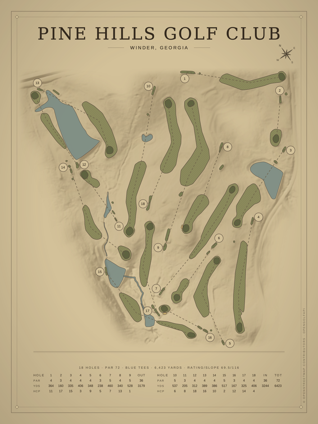 Pine Hills Golf Club course map poster, Vintage style, 12×16 / 18×24