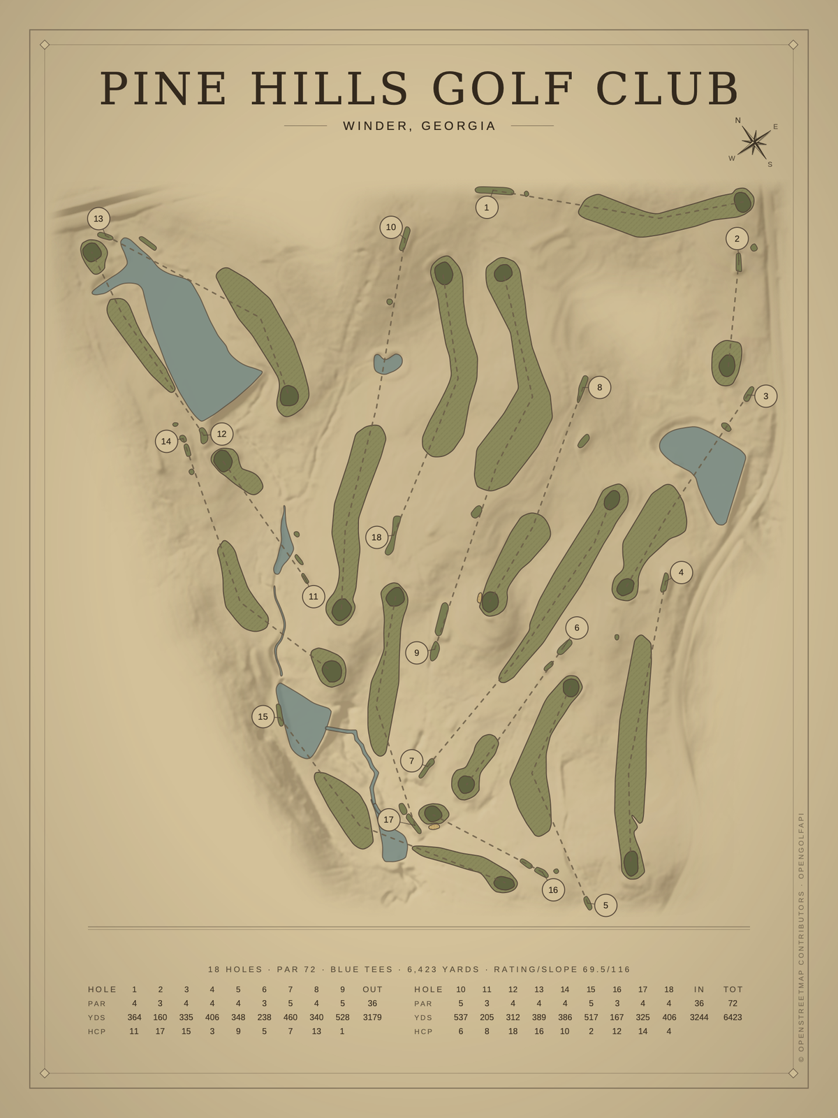 Pine Hills Golf Club course map poster, Vintage style, 12×16 / 18×24