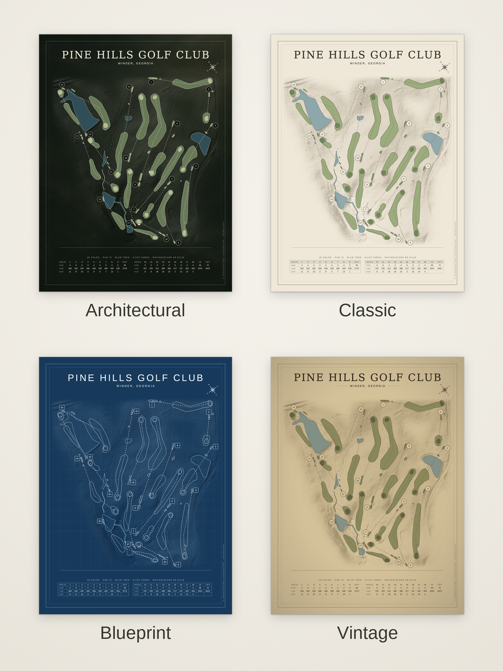 Pine Hills Golf Club course map poster in four styles: Architectural, Classic, Blueprint and Vintage