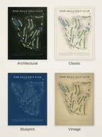 Pine Hills Golf Club course map poster in four styles: Architectural, Classic, Blueprint and Vintage