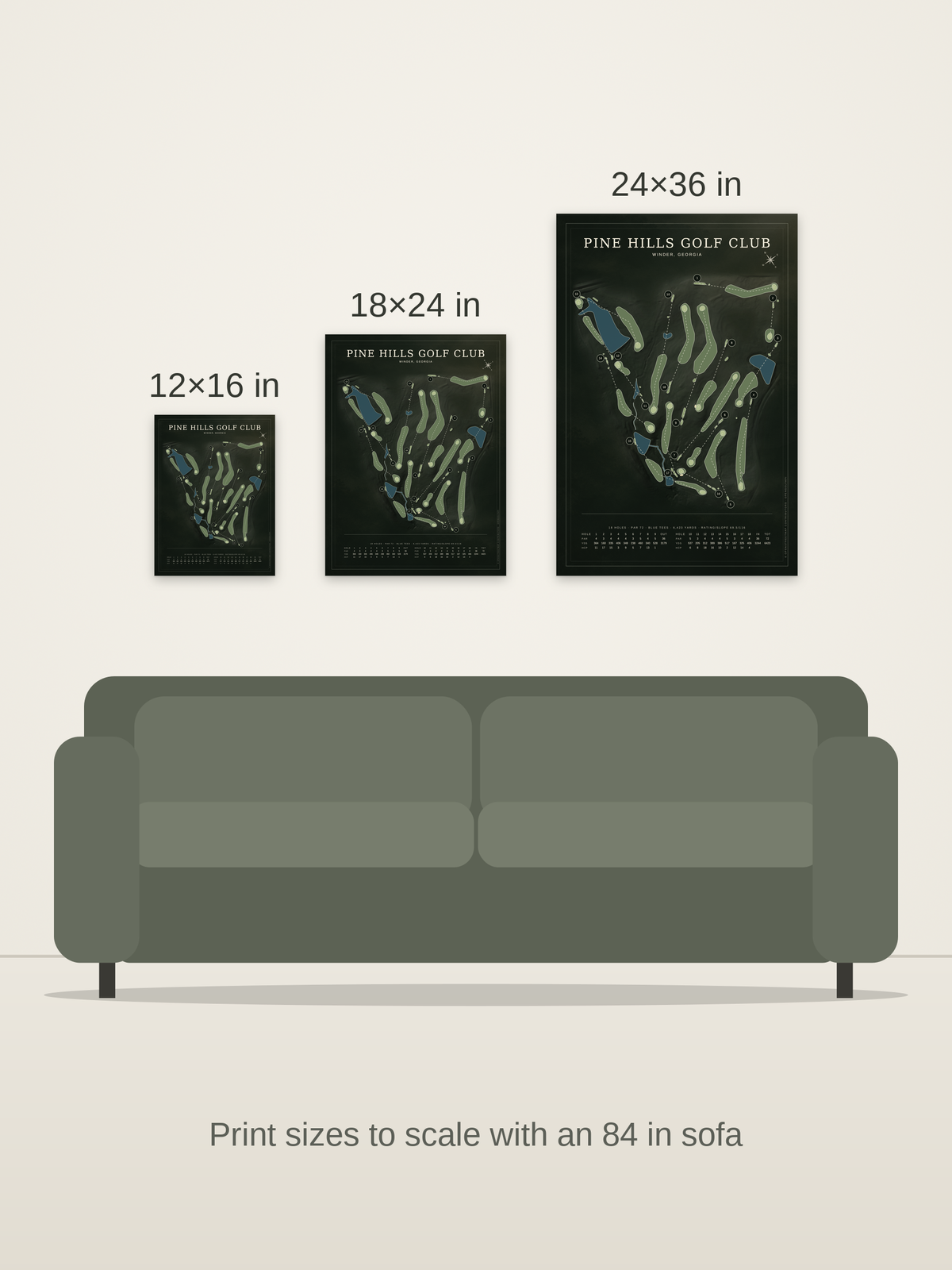 Pine Hills Golf Club course map poster in the Architectural style at 12×16, 18×24 and 24×36 inches, shown to scale on a wall above an 84-inch sofa