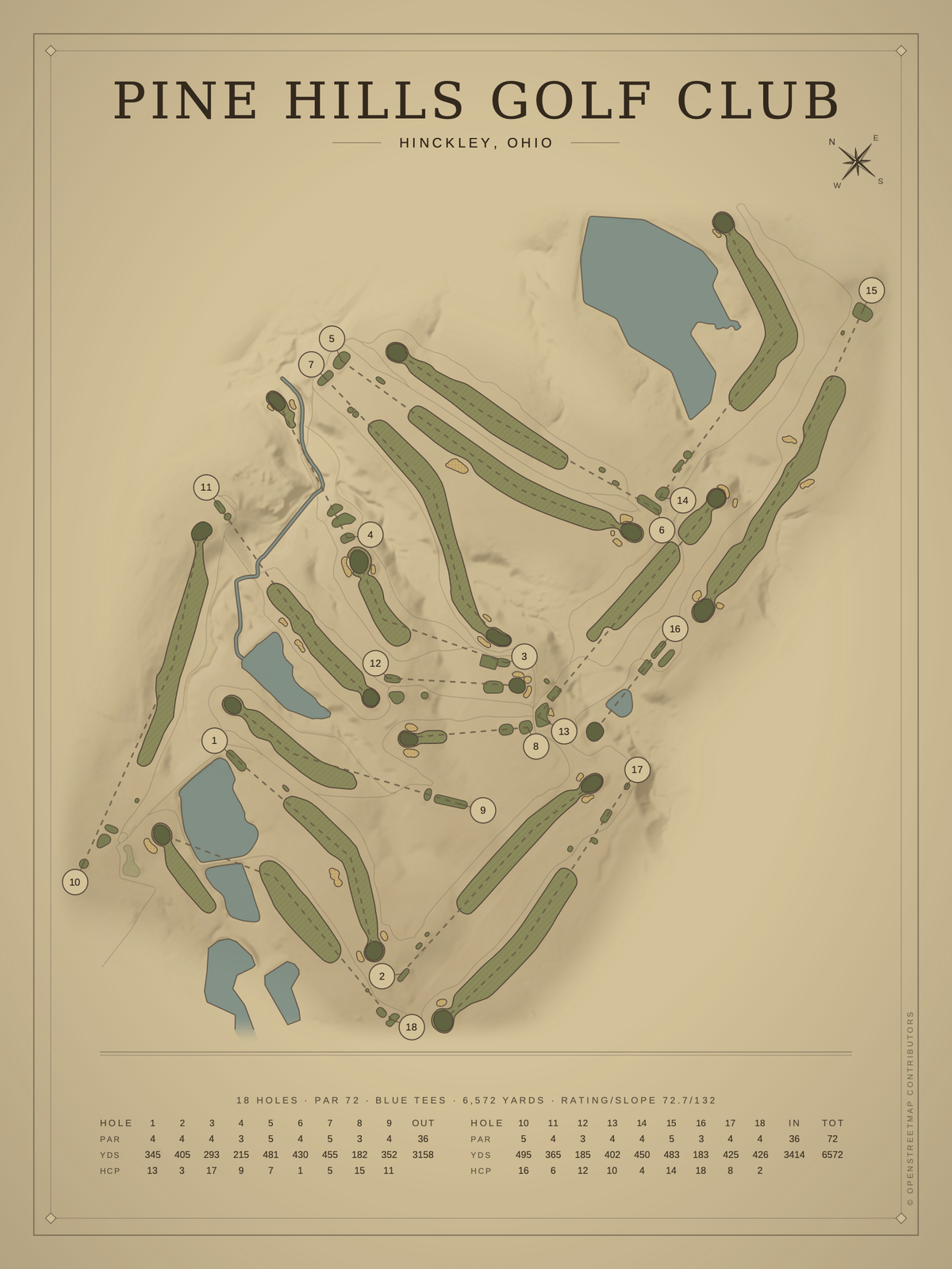 Pine Hills Golf Club (Hinckley) course map poster, Vintage style, 12×16 / 18×24