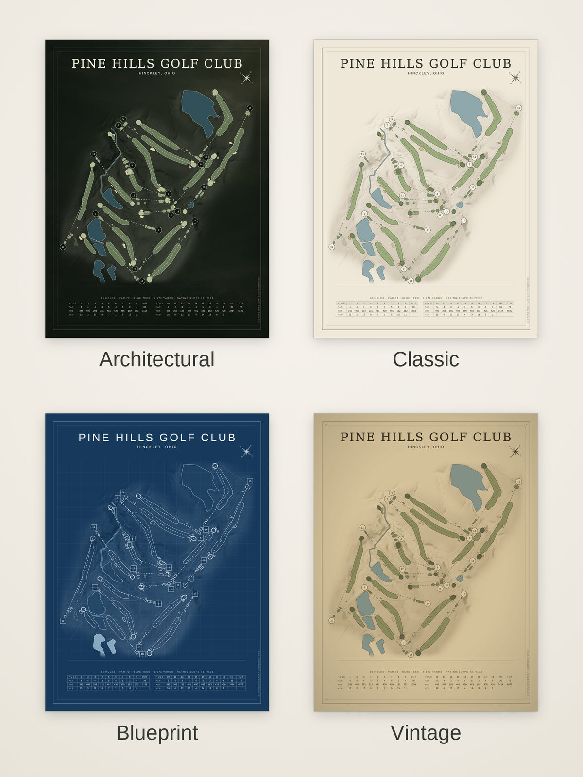 Pine Hills Golf Club (Hinckley) course map poster in four styles: Architectural, Classic, Blueprint and Vintage