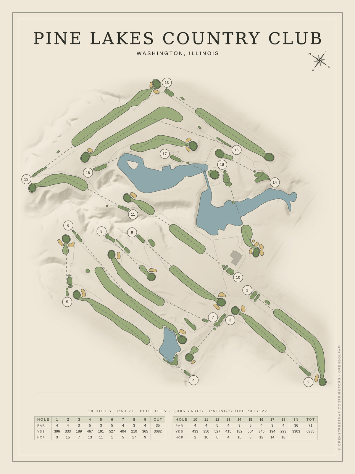 Pine Lakes Country Club course map poster, Classic style, 12×16 / 18×24