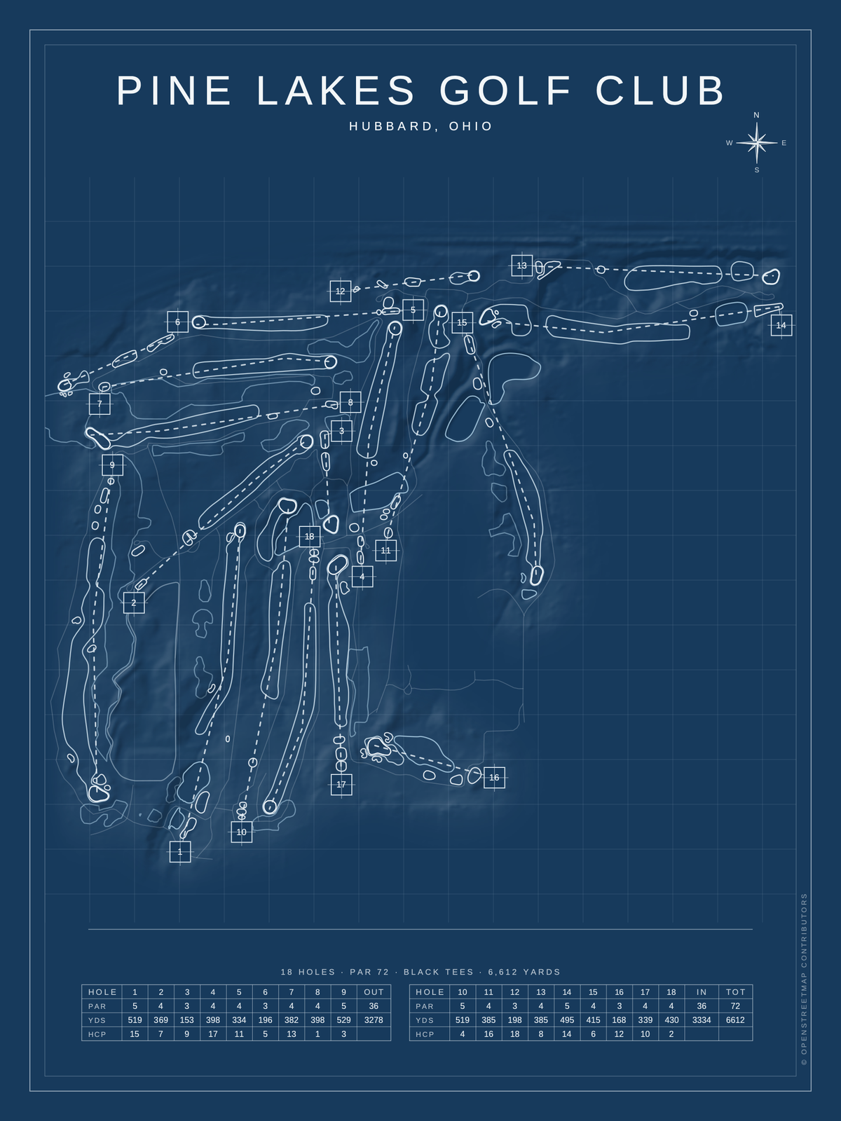 Pine Lakes Golf Club course map poster, Blueprint style, 12×16 / 18×24