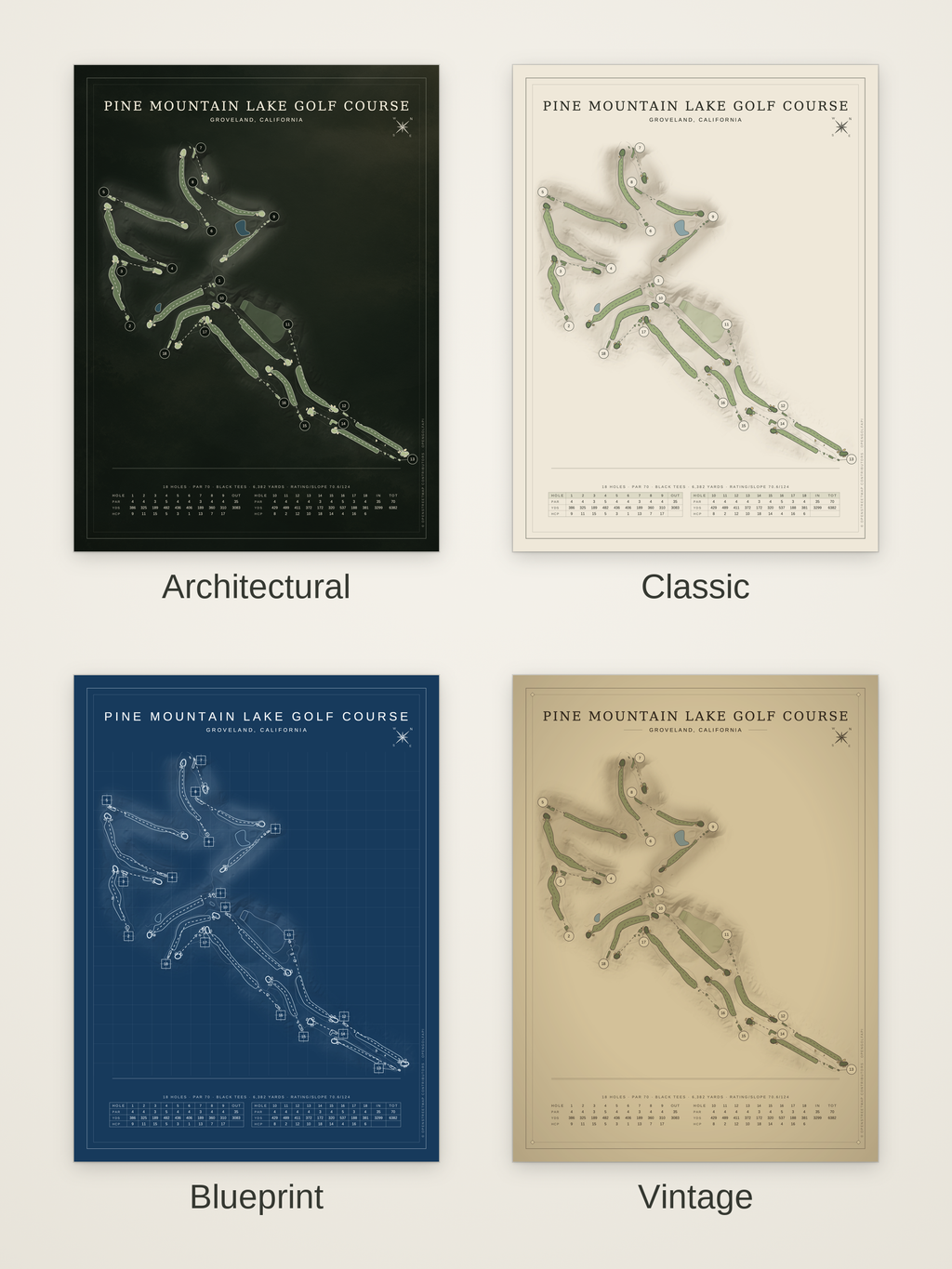 Pine Mountain Lake Golf Course map poster in four styles: Architectural, Classic, Blueprint and Vintage
