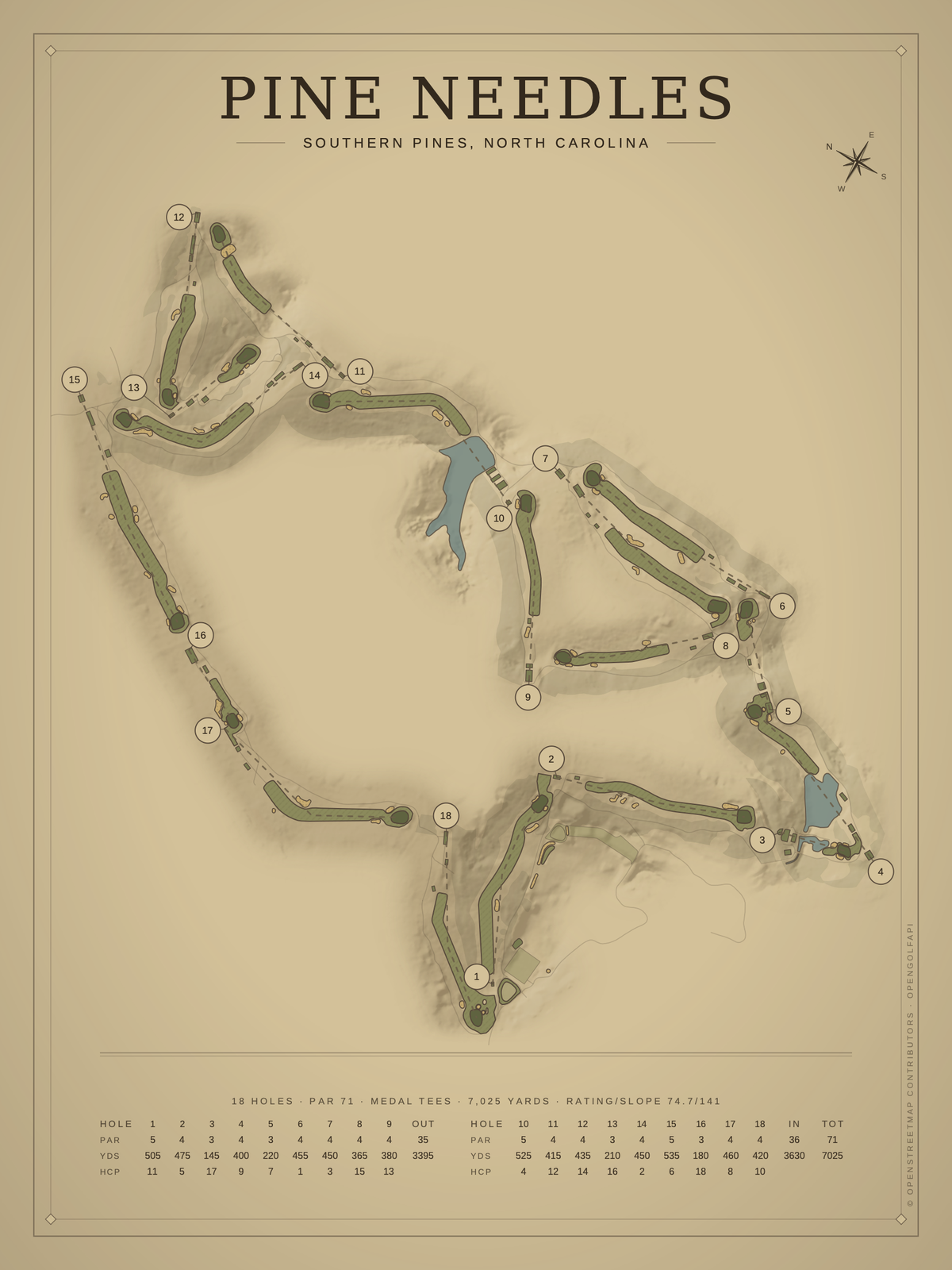 Pine Needles course map poster, Vintage style, 12×16 / 18×24