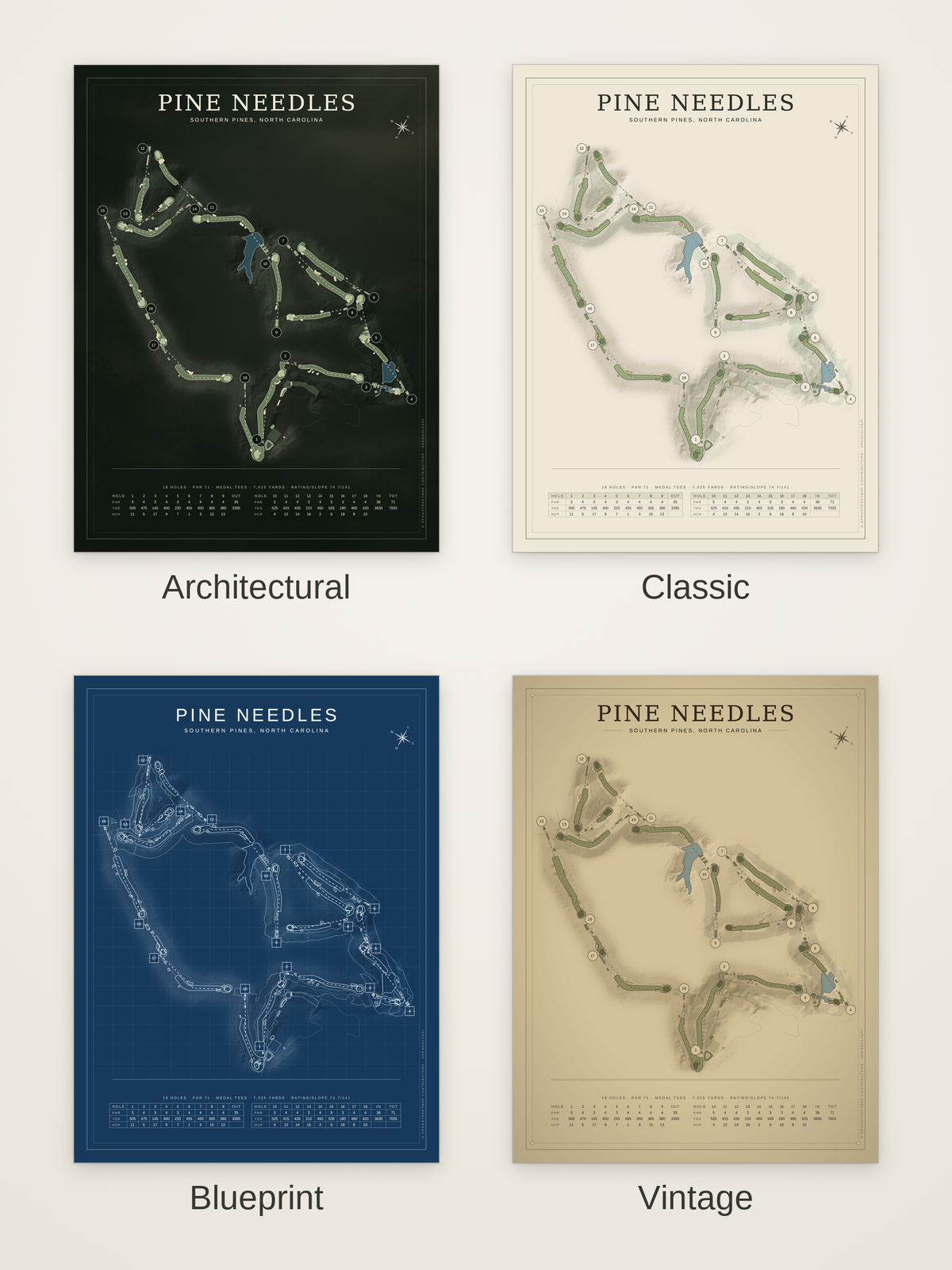 Pine Needles course map poster in four styles: Architectural, Classic, Blueprint and Vintage