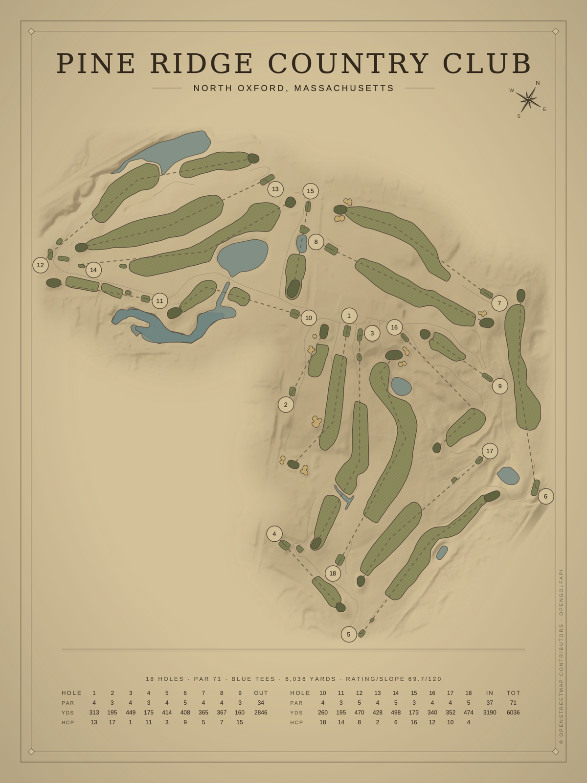 Pine Ridge Country Club course map poster, Vintage style, 12×16 / 18×24
