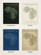 Pine Ridge Country Club course map poster in four styles: Architectural, Classic, Blueprint and Vintage